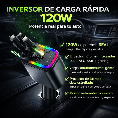 CARGADOR RETRÁCTIL 5 EN 1 CON PROYECTOR DE 120 WATS ☄️⚡ TURBOVOLT PRO